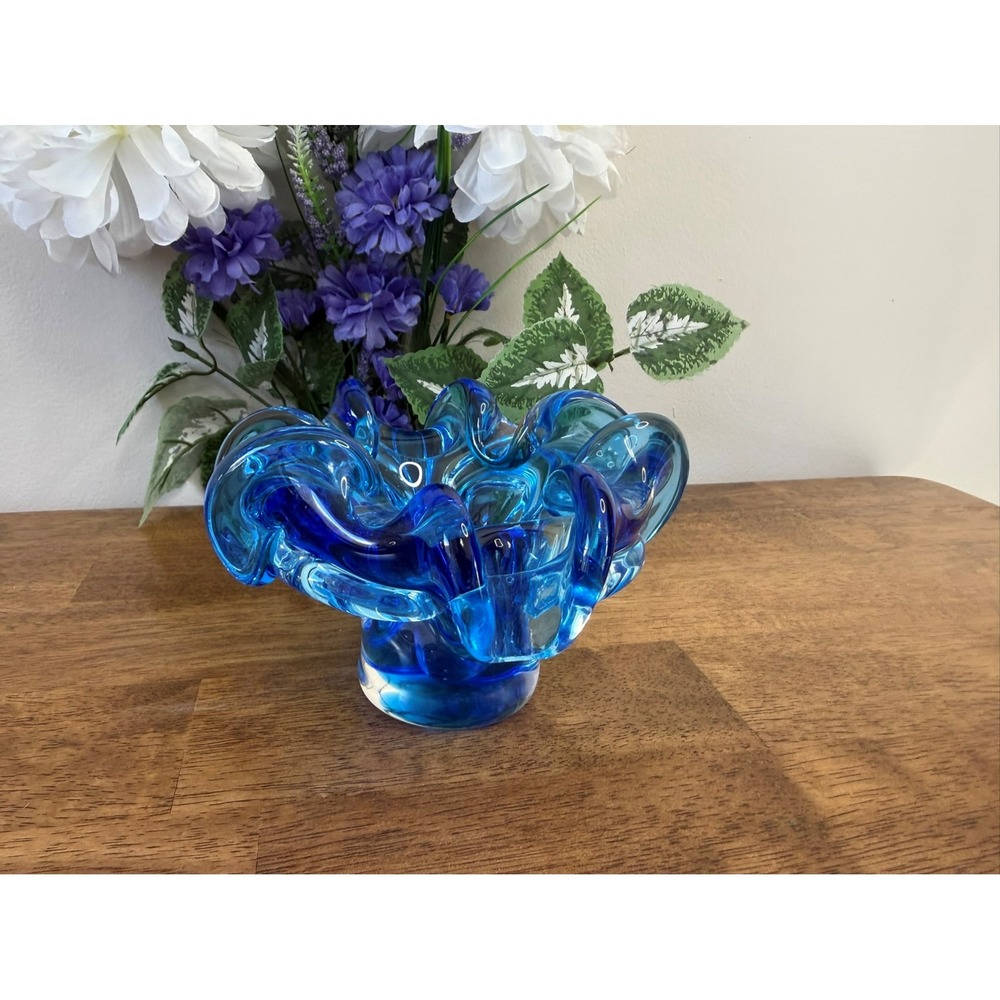 Murano Sommerso Cobalt Blue Art Glass Ashtray Bowl Vintage Italian MCM Decor